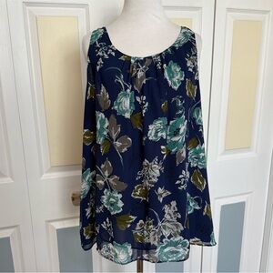 LOFT Women’s Sheer Fully Lined Sleeveless Tunic Navy Aqua Grey Sz XL